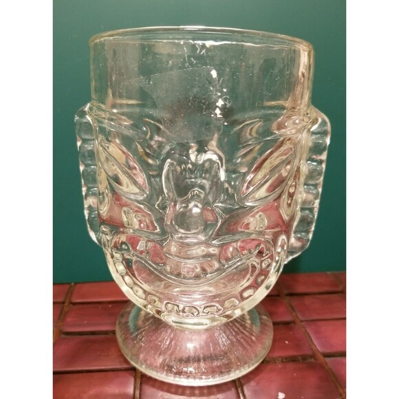 Vintage Tall Clear Glass Two Faced Happy/Angry Tiki Mug Goblet - Picture 2 of 3